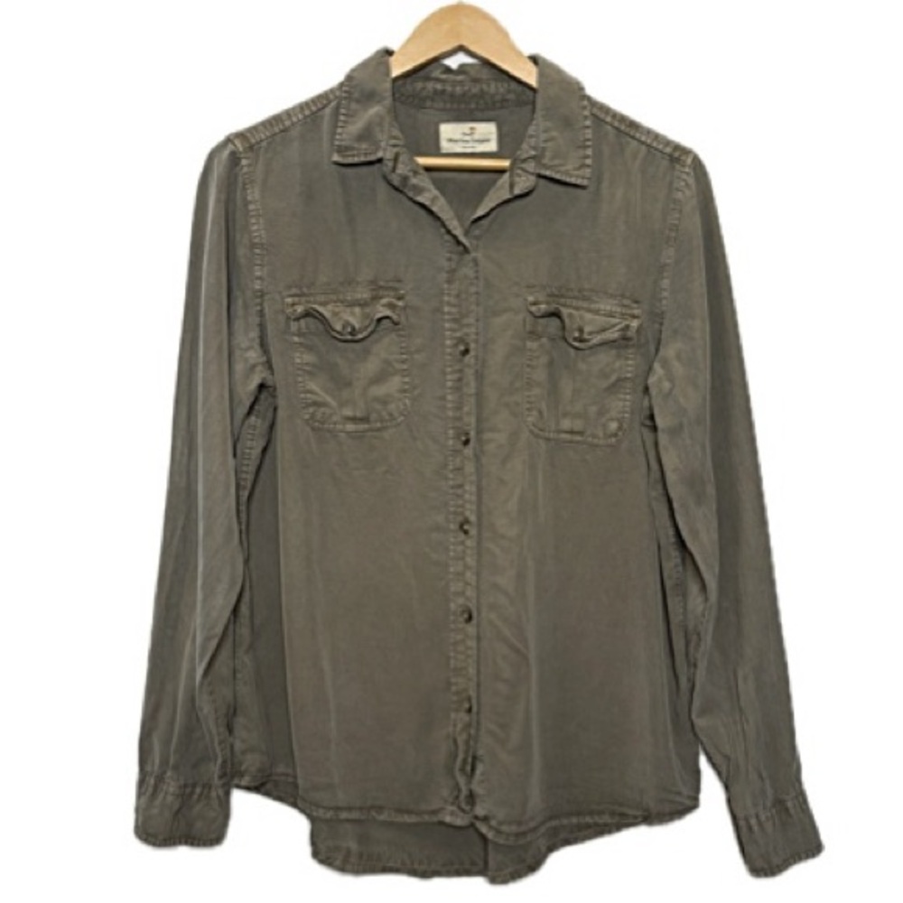 Marine Layer Womens 100% Tencel Long Sleeve Cargo Button Down Shirt Size M Olive - Picture 2 of 10